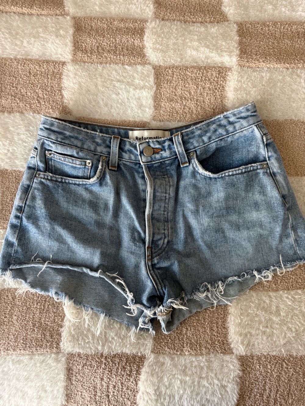 Reformation Distressed High-Rise Denim Cutoff Shorts - Light Blue